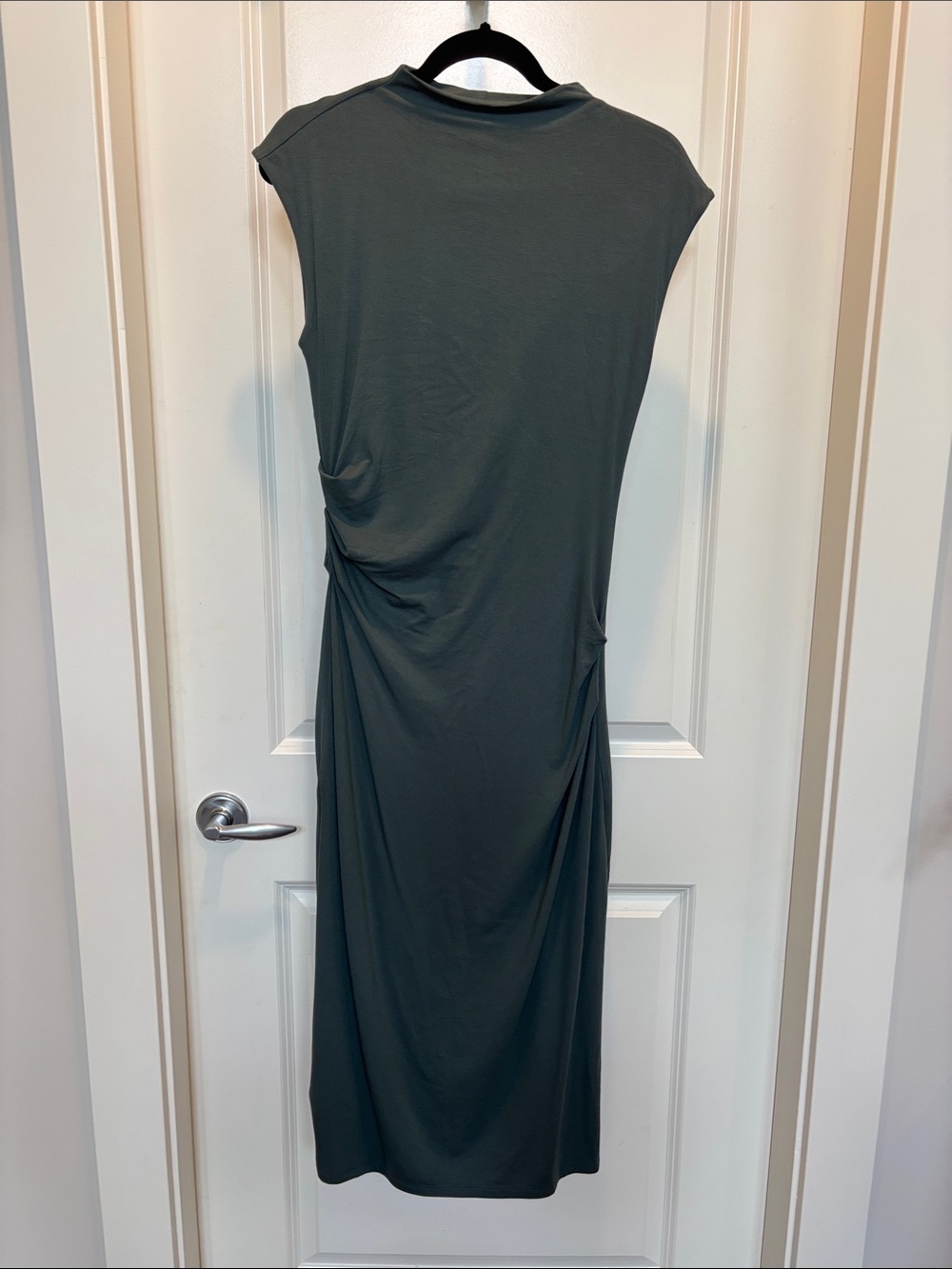 Sage Green Mock Neck Ruched Sleeveless Midi Dress - Picture 3 of 5